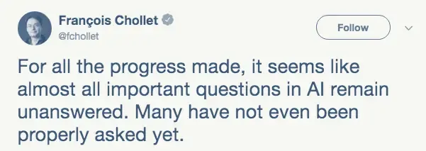 A quoted social-media observation about unanswered AI questions