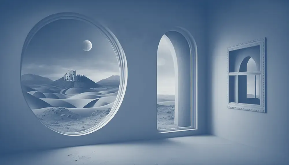 Architectural openings frame a desert landscape