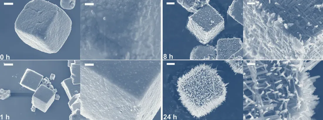Four microscopy panels showing structures at 0, 1, 8, and 24 hours.